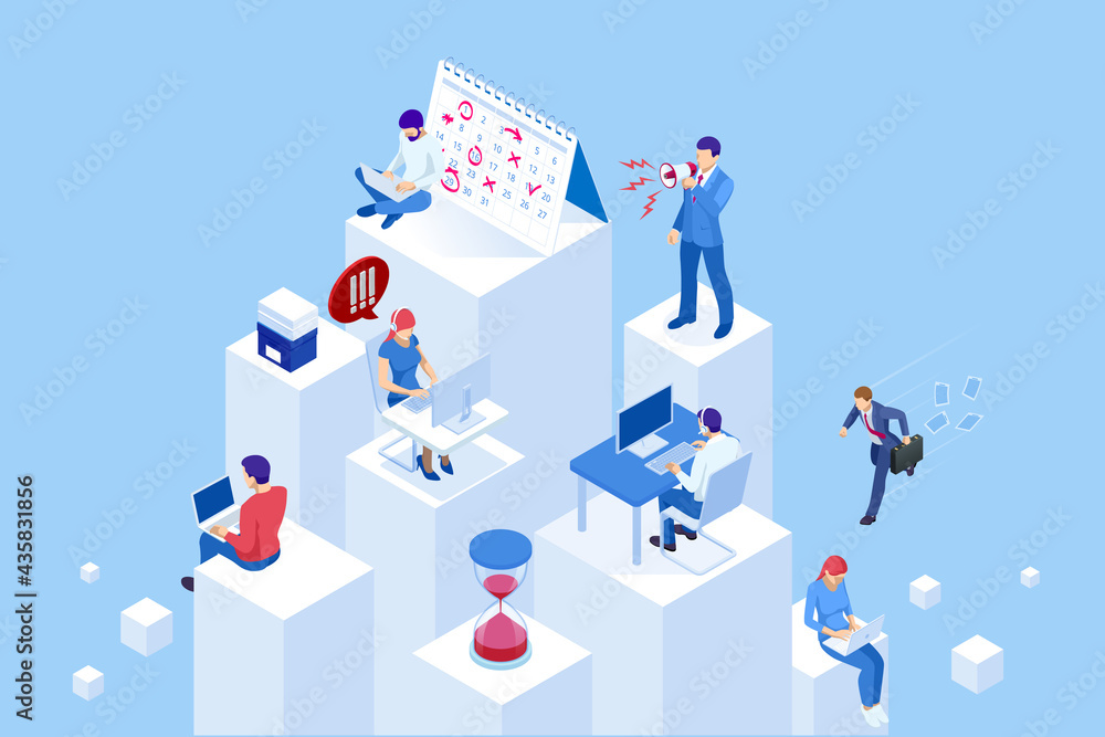 Isometric Project deadline. Time management on the road to success. Deadline Concept of overworked man Time to work Time management project plan schedule. Isometric Project deadline. Time management on the road to success. Deadline Concept of overworked man Time to work Time management project plan schedule.