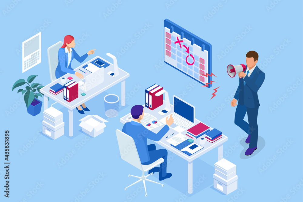 Isometric Project deadline. Time management on the road to success. Deadline Concept of overworked man Time to work Time management project plan schedule. Isometric Project deadline. Time management on the road to success. Deadline Concept of overworked man Time to work Time management project plan schedule.