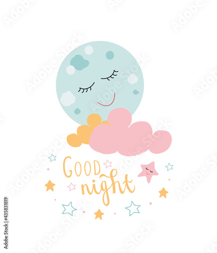 Kids poster moon, stars, cloud.Kids print art.Kids wallpaper.Good night, little star.Vector illustration in pink, blue, yellow colors.Design for children's clothing, bed linen,postcards,for child room