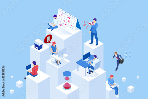 Isometric Project deadline. Time management on the road to success. Deadline Concept of overworked man Time to work Time management project plan schedule.
