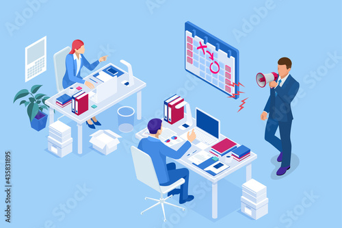 Isometric Project deadline. Time management on the road to success. Deadline Concept of overworked man Time to work Time management project plan schedule.