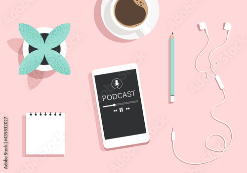 Podcast concept. Top view of a smartphone with an app for listening to podcasts on the screen, coffee, earphones, notebook, pencil. Online audiobook, radio, audio. Isolated flat vector illustration