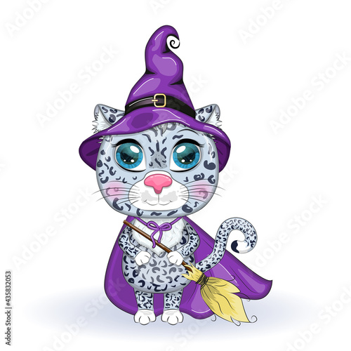 Cartoon snow leopard, leopard, akbars, irbis in purple witch hat and cloak. Halloween photo