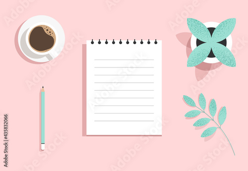 Top view of an open paper notepad with a coffee mug, flower pot and pencil. Blank clean notebook. Taking notes, writing, planning, studying concept. Modern minimalist isolated flat vector illustration
