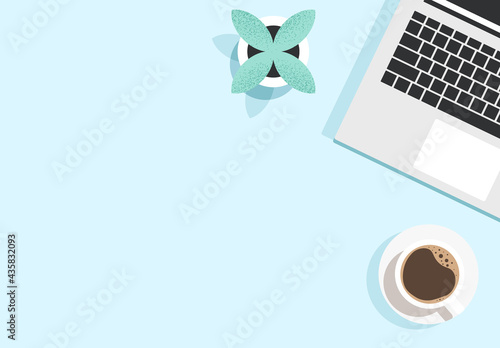 Workplace, workspace, desktop. Top view of the working table with a laptop keyboard, coffee cup, flower pot. Computer from above on an empty desk. Modern minimalist isolated flat vector illustration photo