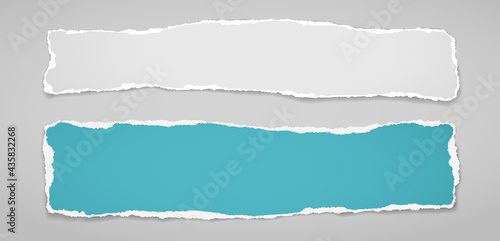 Torn, ripped horizontal white and turquoise paper strips with soft shadow are on grey background for text. Vector illustration