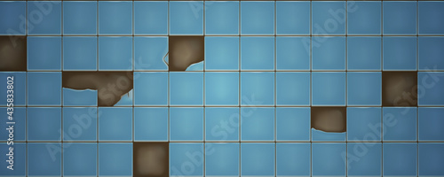 Broken blue retro wall ceramic tiles texture. Vector illustration.