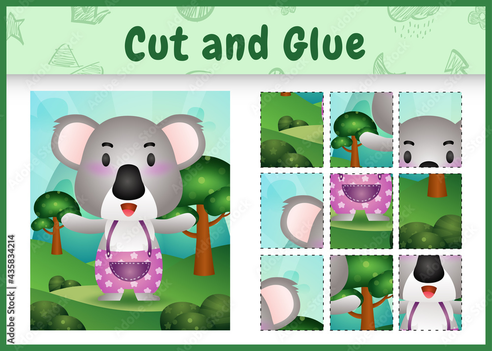 Children board game cut and glue with a cute koala using pants
