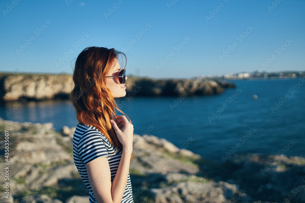 red-haired woman vacation mountains landscape sea cropped view model red-haired woman vacation mountains landscape sea cropped view model