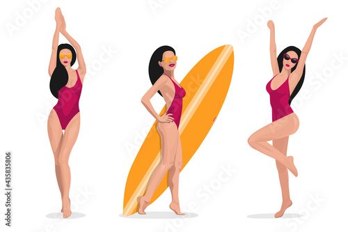 set surfing girls relaxing on the beach. collection Sexy woman with surfboard isolated Vacation Vector Illustration.