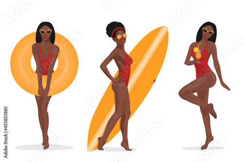 set black surfing girls relaxing on beach. collection Sexy woman with surfboard isolated Vacation Vector Illustration