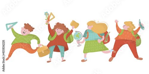 School time. Schoolchildren with backpack holding big school stationery. Children go to school. Seamless panorama. Funny cartoon character. Vector illustration. Isolated on white background © Олеся Волкова