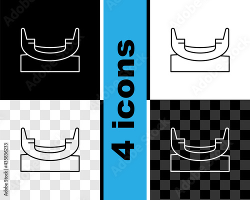 Set line Boat swing icon isolated on black and white, transparent background. Childrens entertainment playground. Attraction riding ship, swinging boat. Amusement park. Vector