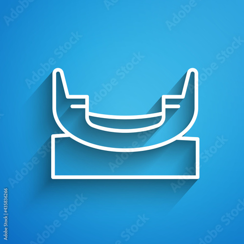 White line Boat swing icon isolated on blue background. Childrens entertainment playground. Attraction riding ship, swinging boat. Amusement park. Long shadow. Vector