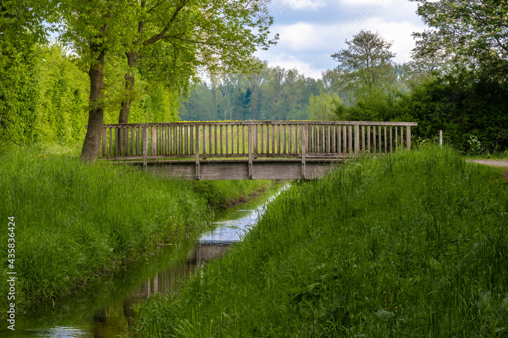Brücke über kleinem Bach im Frühling.
