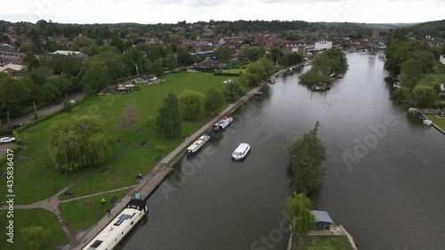 Rod Eyot island River Thames near Henley on Thames reverse Drone footage reveal. photo