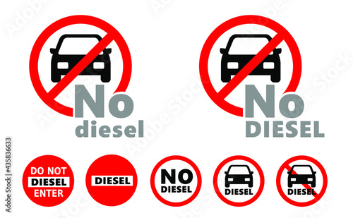 Traffic sign with no diesel allowed. traffic sign zone, stop forbidding to use diesel cars in the streed. NOx, CO2 emissions, Carbon dioxide. Flat vector do not enter. Climate change, global warming.