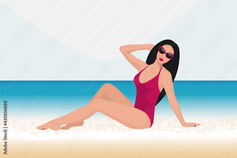 happy girl relaxing lies on the sand beach. Enjoying Sexy woman On Summer Sea Vacation Vector Illustration