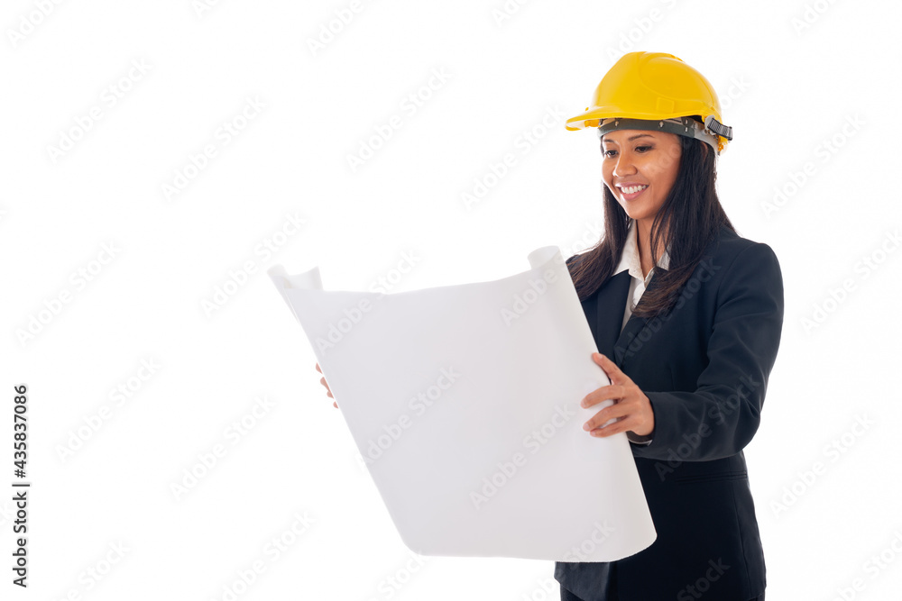 portrait of asian engineer woman with helmet holding blueprints isolated white background with copy space portrait of asian engineer woman with helmet holding blueprints isolated white background with copy space