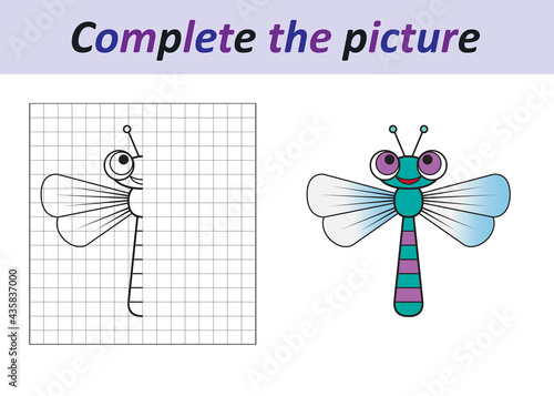 Complete the picture of a funny dragonfly. Copy the picture. Coloring book. Educational game for children. Cartoon vector illustration.