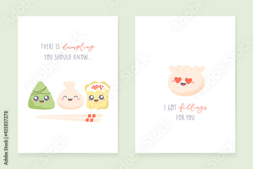 Dim sum - postcard design. Set of greeting cards with dumplings and hand-lettered funny phrases. Vector kawaii design photo