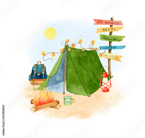 Hiking tent watercolor illustration card isolated
