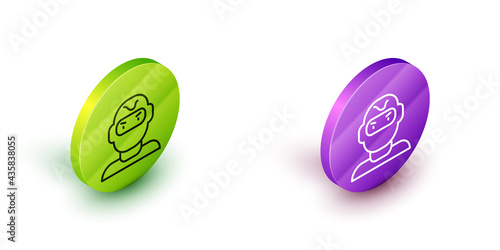 Isometric line Thief mask icon isolated on white background. Bandit mask, criminal man. Green and purple circle buttons. Vector