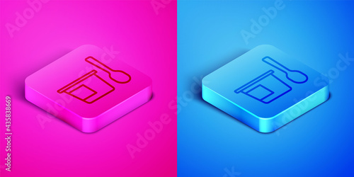 Isometric line Yogurt container with spoon icon isolated on pink and blue background. Yogurt in plastic cup. Square button. Vector