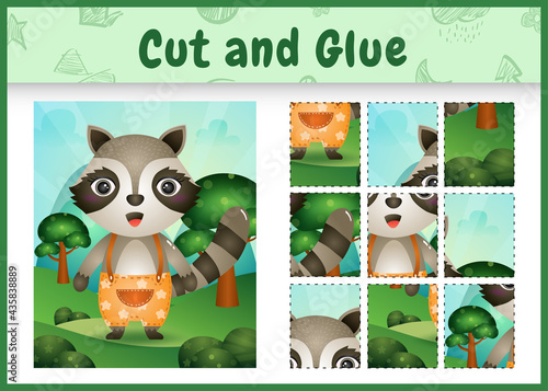 Children board game cut and glue with a cute raccoon using pants