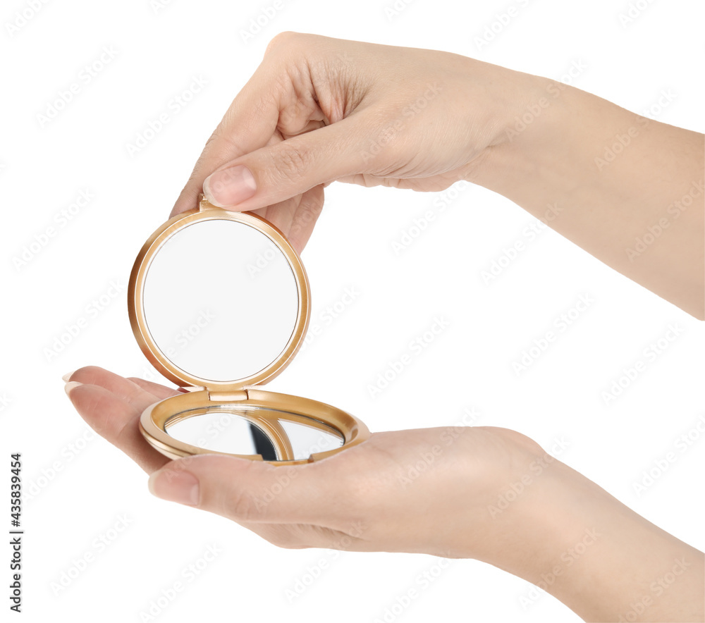 Woman holding stylish cosmetic pocket mirror on white background, closeup Woman holding stylish cosmetic pocket mirror on white background, closeup