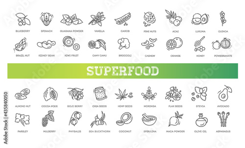 Superfoods line vector icons. Organic superfoods