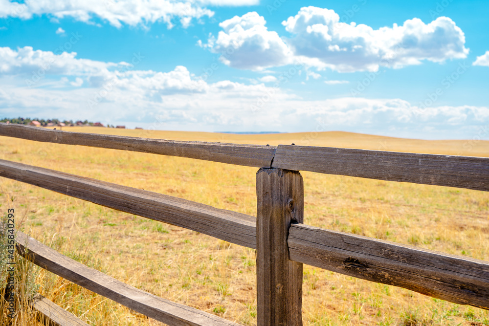 Beautiful rustic landscape with field and wooden fence, natural background