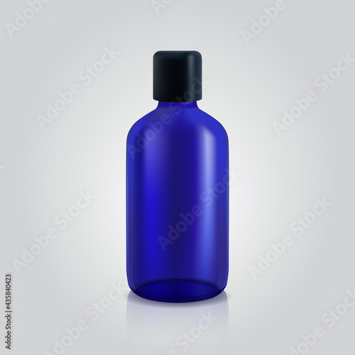 Blue glass bottle empty, realistic vector cosmetic or perfume container isolated on a white background.
