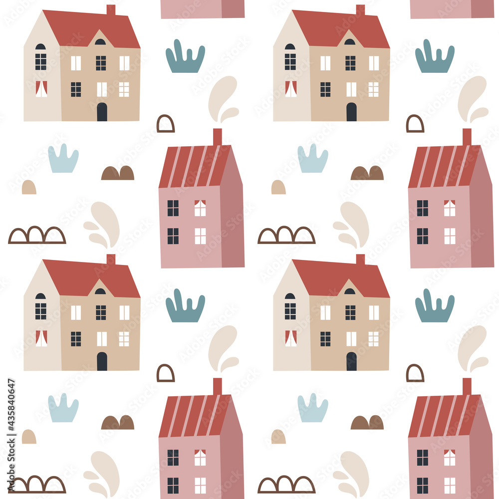 Seamless cute vector scandinavian pattern with small tiny houses in boho style