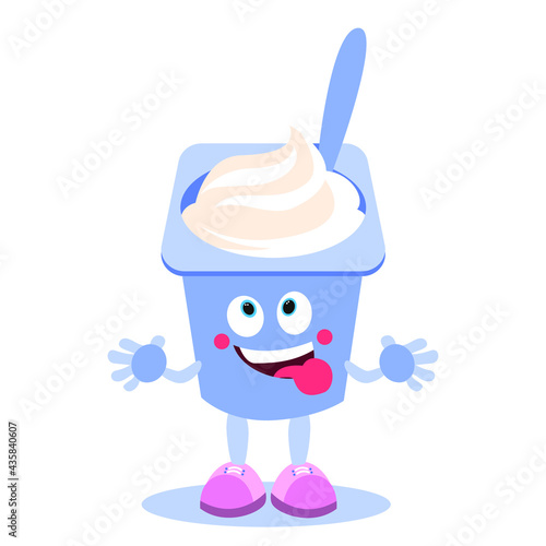 Cartoon yogurt in a glass. Yogurt with face, arms and legs. Healthy and nutritious food. Vector image.