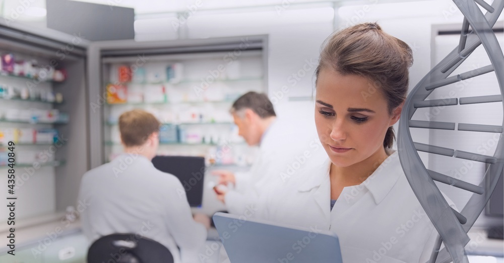 Double helix over a pharmacist with drugstore in the background, healthcare and medicine concepts Double helix over a pharmacist with drugstore in the background, healthcare and medicine concepts
