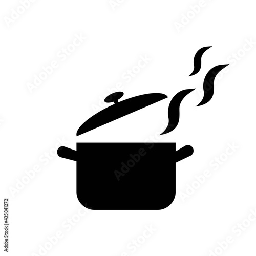  Pan, saucepan with vapor solid black line icon. Kitchen or recipe concept. On white background. Flat isolated symbol used for: illustration, logo, mobile, app, design, web, dev, ui, ux. Vector EPS 10
