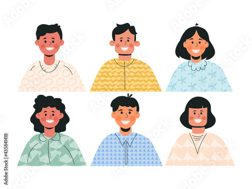 Set of boys and girls with teeth braces. Children's dental care concept. Happy kids with dental smile via orthodontic treatment. Flat vector cartoon illustration isolated on white background