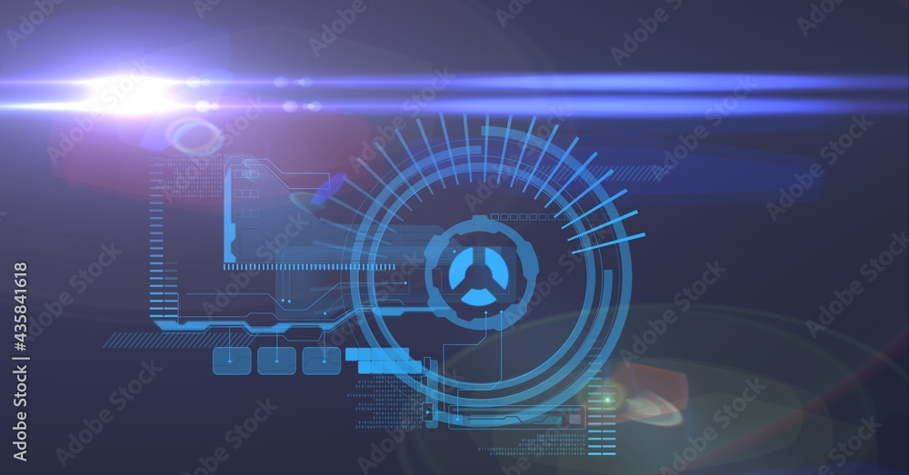 Obraz premium Composition of scope scanning and digital data processing on blue background