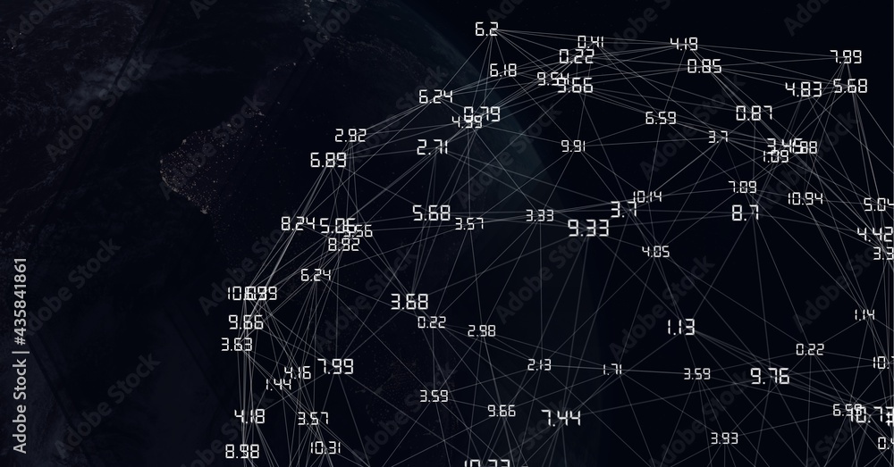 Composition of numbers with network of connections on black background