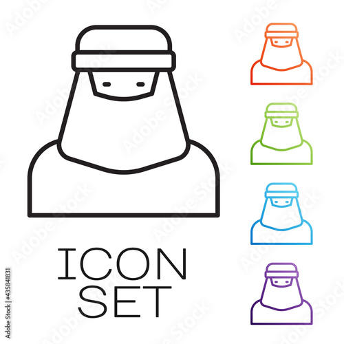 Black line Muslim woman in niqab icon isolated on white background. Set icons colorful. Vector