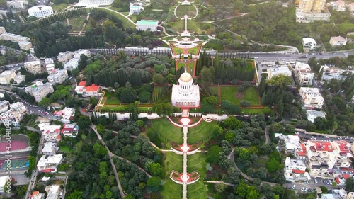 Aerial Shot Of Bahai Temple In City, Drone Flying Over Beautiful Popular Landmark - Haifa, Israel