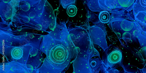 Blue and green abstract fluid art painting in alcohol ink technique. Mix of colors create transparent wave. Dark background. For posters, invitation and other. 