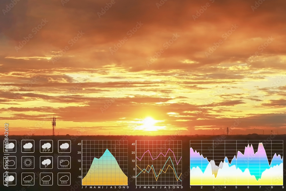 Obraz premium Weather forecast symbol data presentation with graph and chart on dramatic atmosphere panorama view of colorful twilight tropical sky and clouds aerial summer view background.