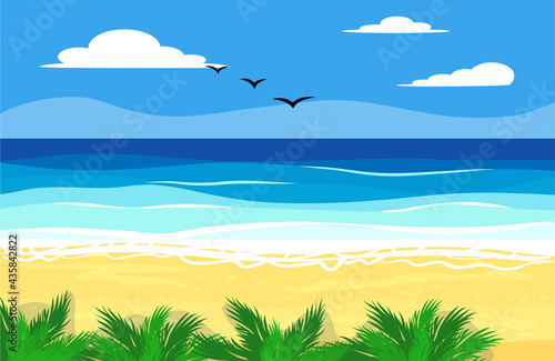 Fototapeta Naklejka Na Ścianę i Meble -  Beach things and old surfboard with greeting - summer holidays vector illustration