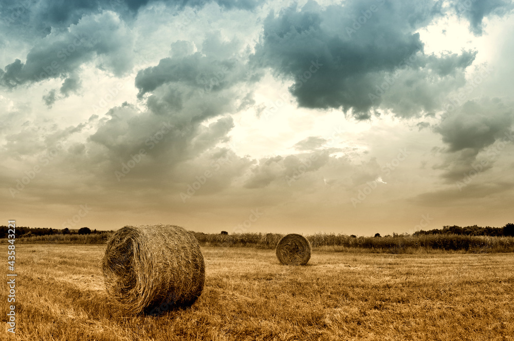 Hay bales in a field just before a storm