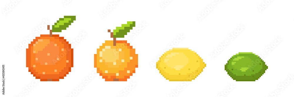 Pixel citrus fruit. Vector set.