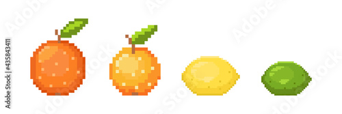 Pixel citrus fruit. Vector set.