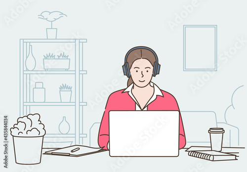 Remote working, telework and global outsourcing concept. Woman sitting at home and using laptop, communicate to colleagues. Flat Vector Illustration