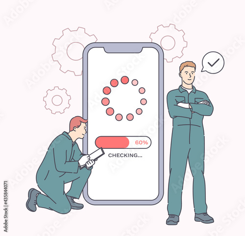 Electronic device reconditioning, phone maintenance concept. Workers fixing smartphone in gadget service. Troubleshooting and maintenance of cellphone by repairment.